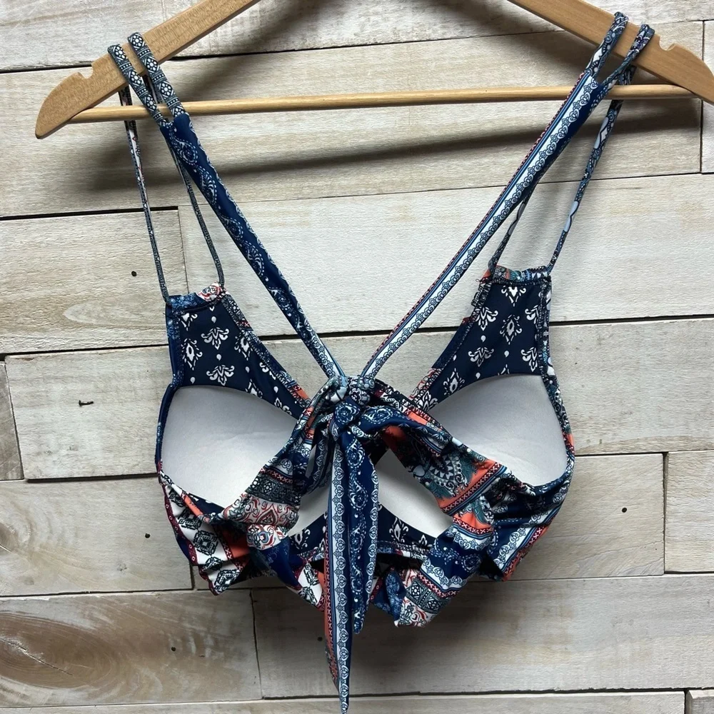 Cupshe Bikini‎ Set Womens Medium Blue Red Cross Front Top High Waist Bottom New